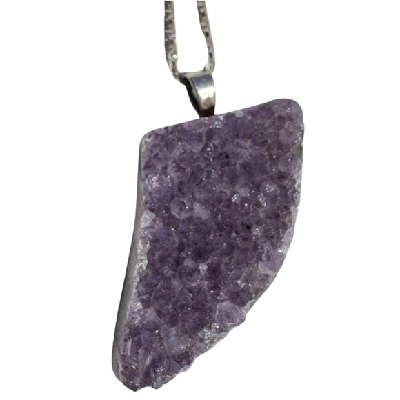 Amethyst Druzy Crystal Pendant Necklace Sterling Silver Chain - New Old Stock - Picture 1 of 6